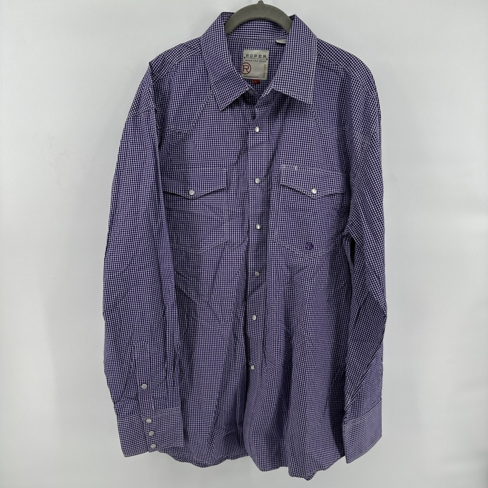 Roper Shirt Mens Large Purple Gingham Western Pearl Snap Cotton Long Sleeve NWT